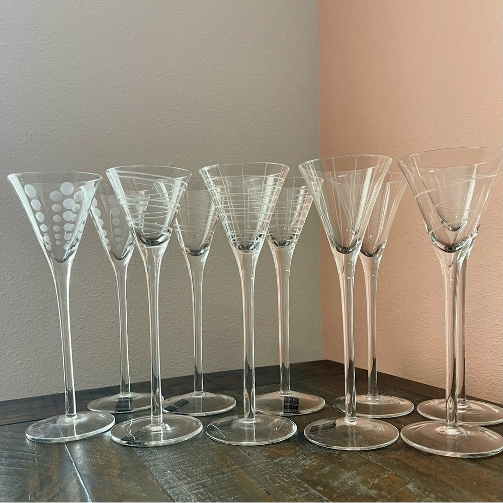 Roscher & Co. Etched Long Stemmed Sherry/Liquor Glasses, Set of 10